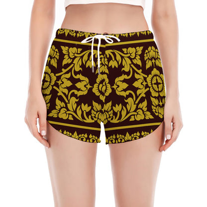 Traditional Thai Flower Pattern Print Women's Split Running Shorts
