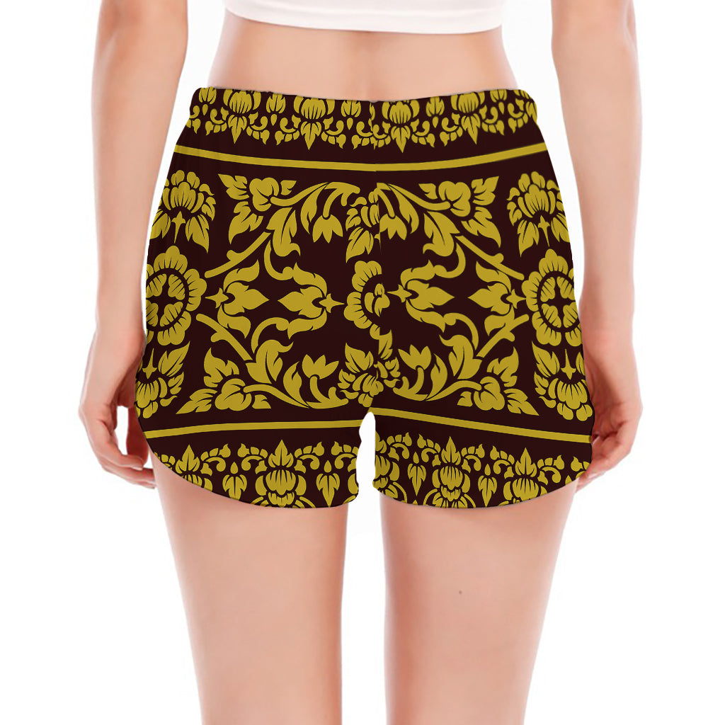 Traditional Thai Flower Pattern Print Women's Split Running Shorts