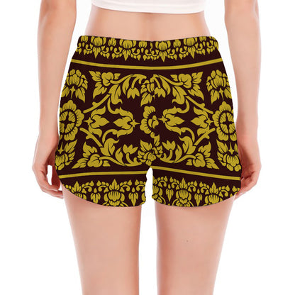 Traditional Thai Flower Pattern Print Women's Split Running Shorts
