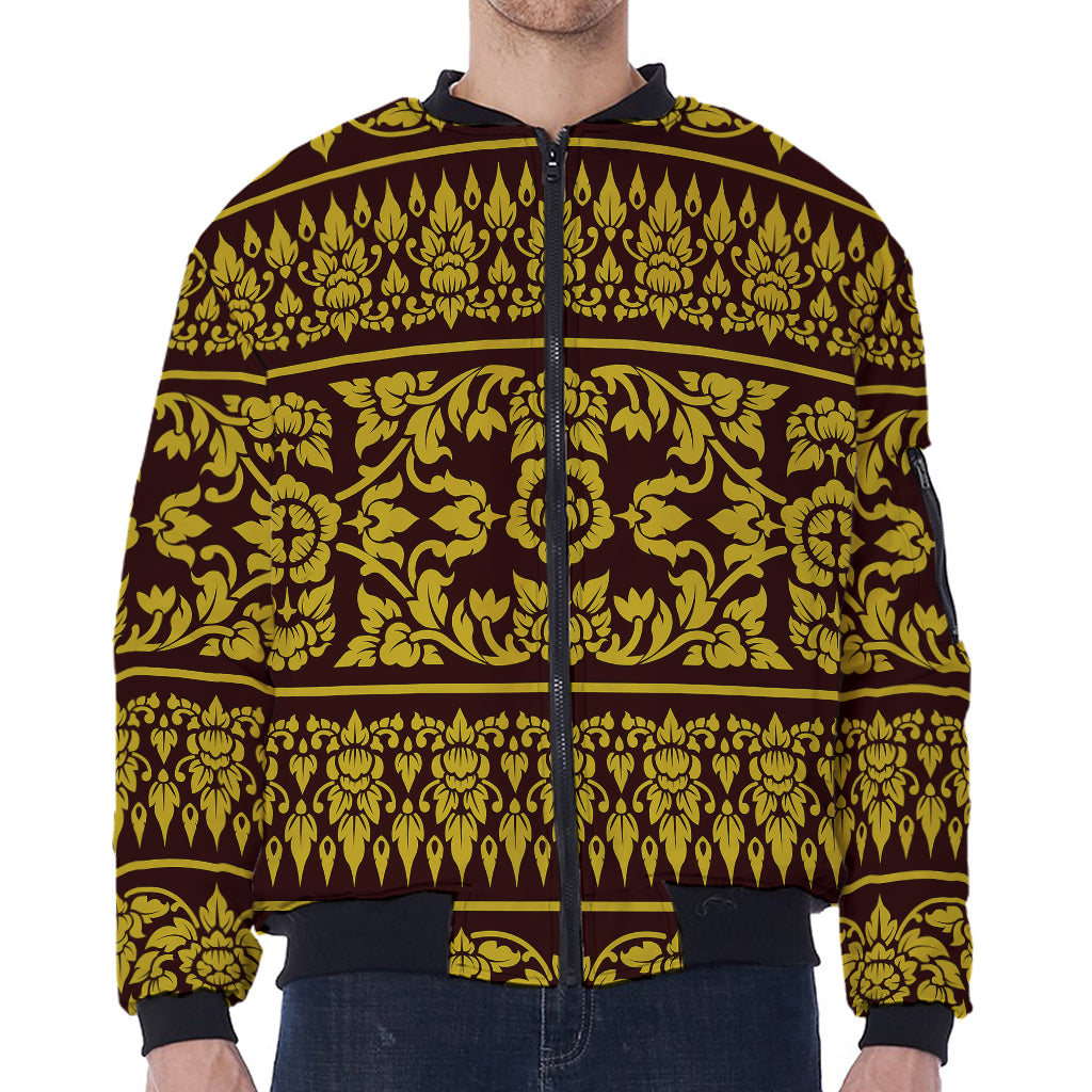 Traditional Thai Flower Pattern Print Zip Sleeve Bomber Jacket