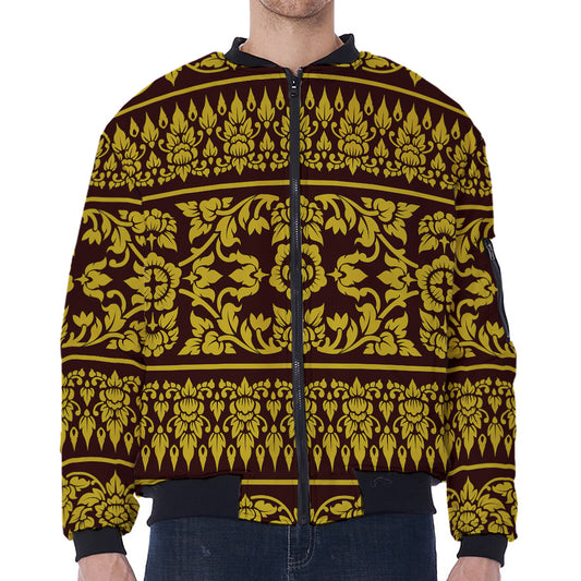Traditional Thai Flower Pattern Print Zip Sleeve Bomber Jacket