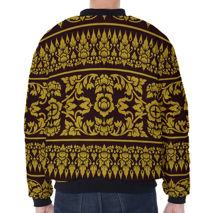 Traditional Thai Flower Pattern Print Zip Sleeve Bomber Jacket