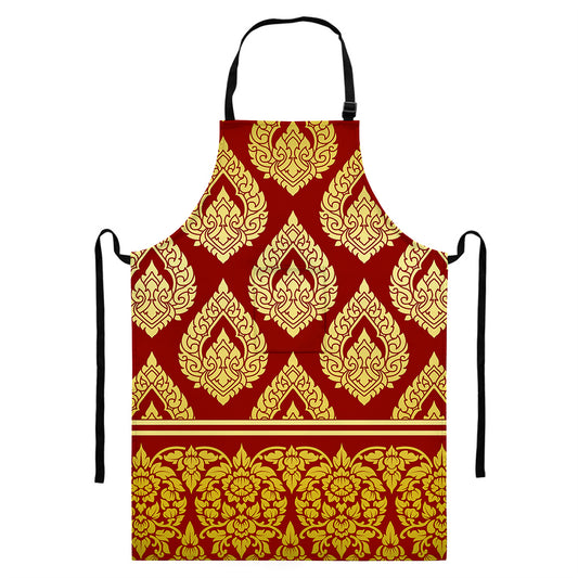 Traditional Thai Pattern Print Bib Apron With Pocket