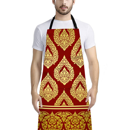 Traditional Thai Pattern Print Bib Apron With Pocket