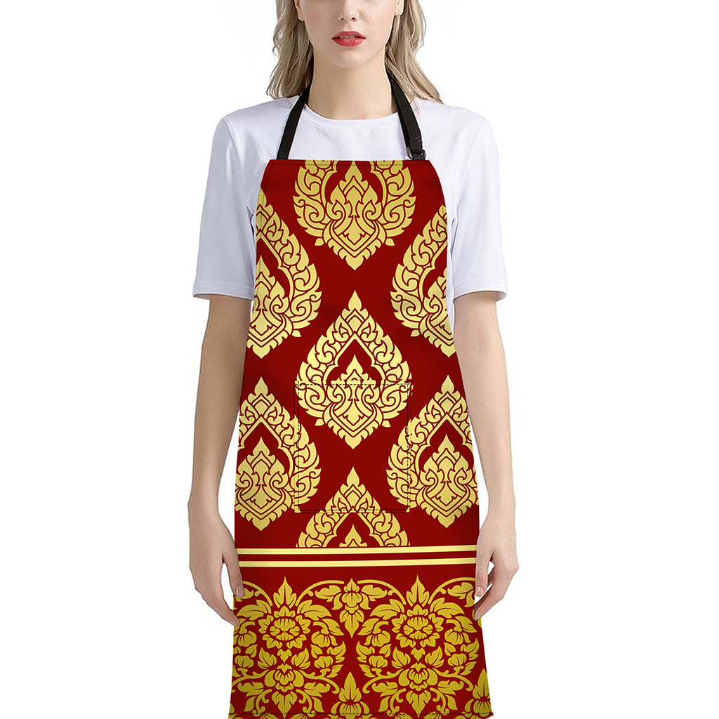 Traditional Thai Pattern Print Bib Apron With Pocket