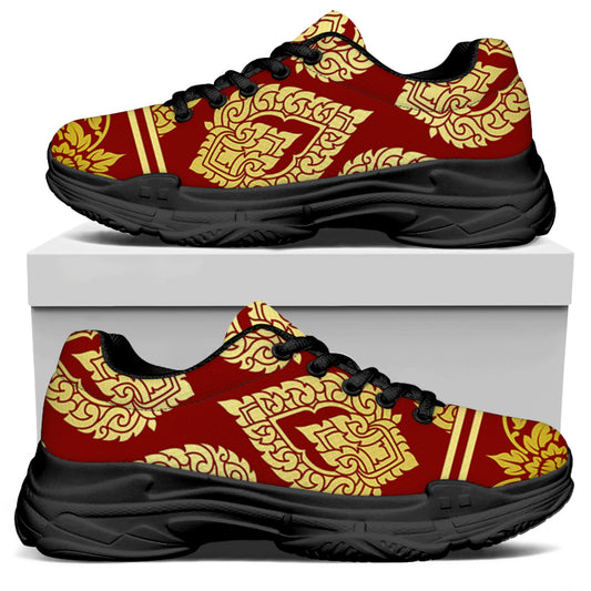 Traditional Thai Pattern Print Black Chunky Shoes