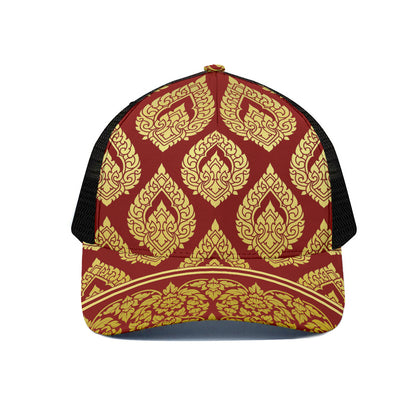 Traditional Thai Pattern Print Black Mesh Trucker Cap