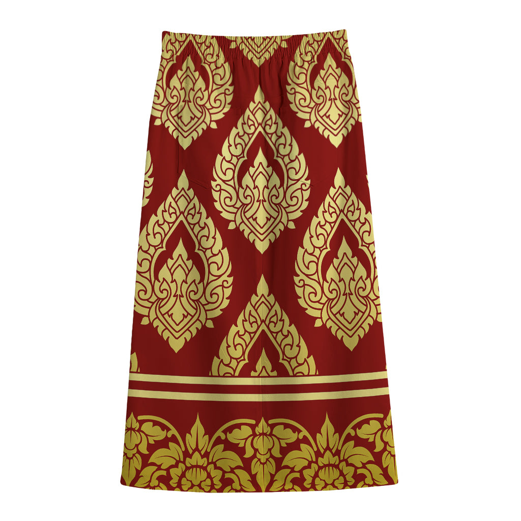 Traditional Thai Pattern Print Cotton Front Slit Maxi Skirt