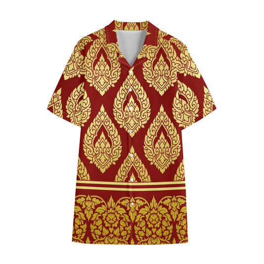 Traditional Thai Pattern Print Cotton Hawaiian Shirt