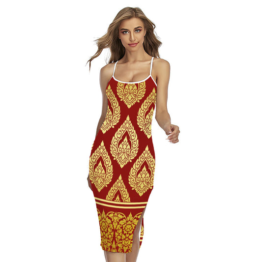 Traditional Thai Pattern Print Cross Back Cami Dress