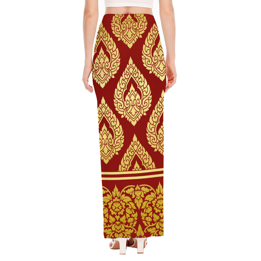 Traditional Thai Pattern Print High Slit Maxi Skirt