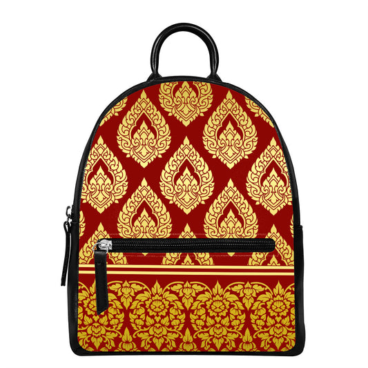 Traditional Thai Pattern Print Leather Backpack