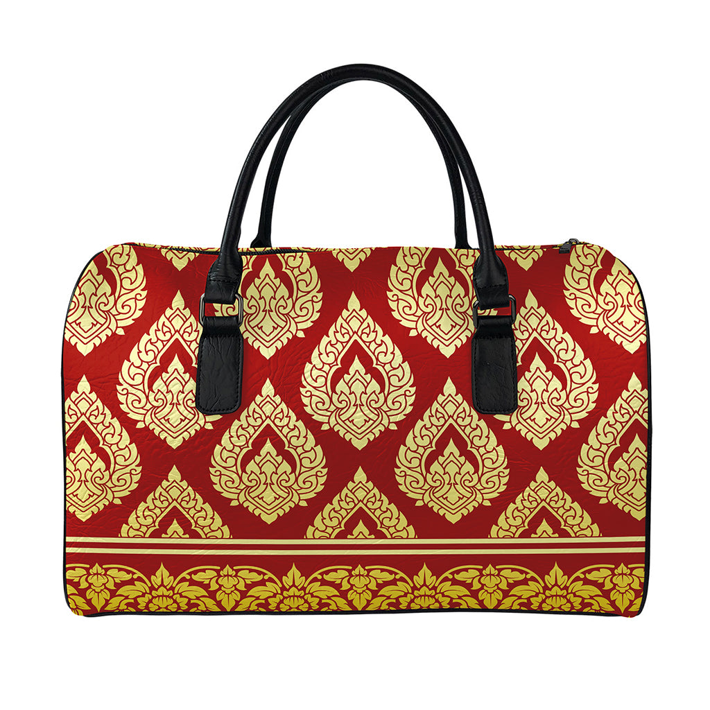Traditional Thai Pattern Print Leather Duffle Bag