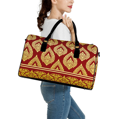Traditional Thai Pattern Print Leather Duffle Bag