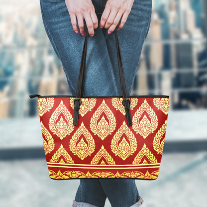 Traditional Thai Pattern Print Leather Tote Bag