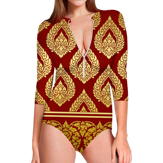 Traditional Thai Pattern Print Long Sleeve Swimsuit