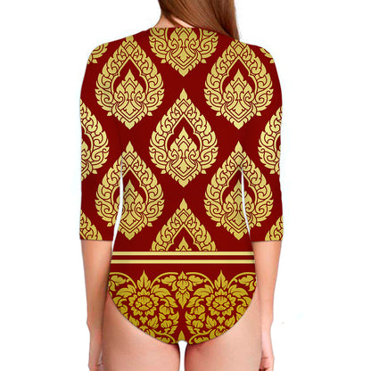 Traditional Thai Pattern Print Long Sleeve Swimsuit
