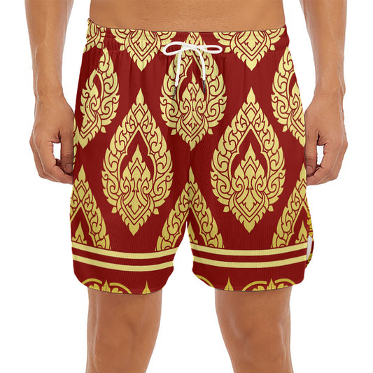 Traditional Thai Pattern Print Men's Split Running Shorts