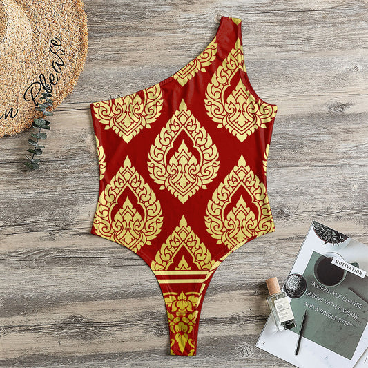 Traditional Thai Pattern Print One Shoulder Bodysuit