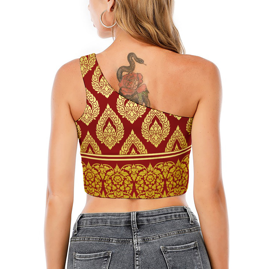 Traditional Thai Pattern Print One Shoulder Crop Top