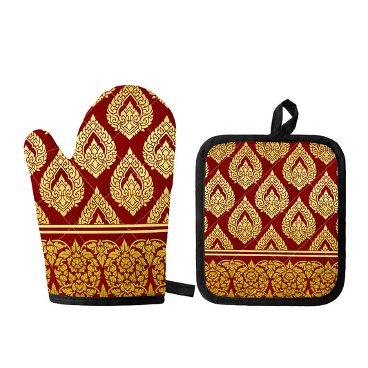 Traditional Thai Pattern Print Oven Mitt And Pot Holder Set