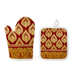Traditional Thai Pattern Print Oven Mitt And Pot Holder Set