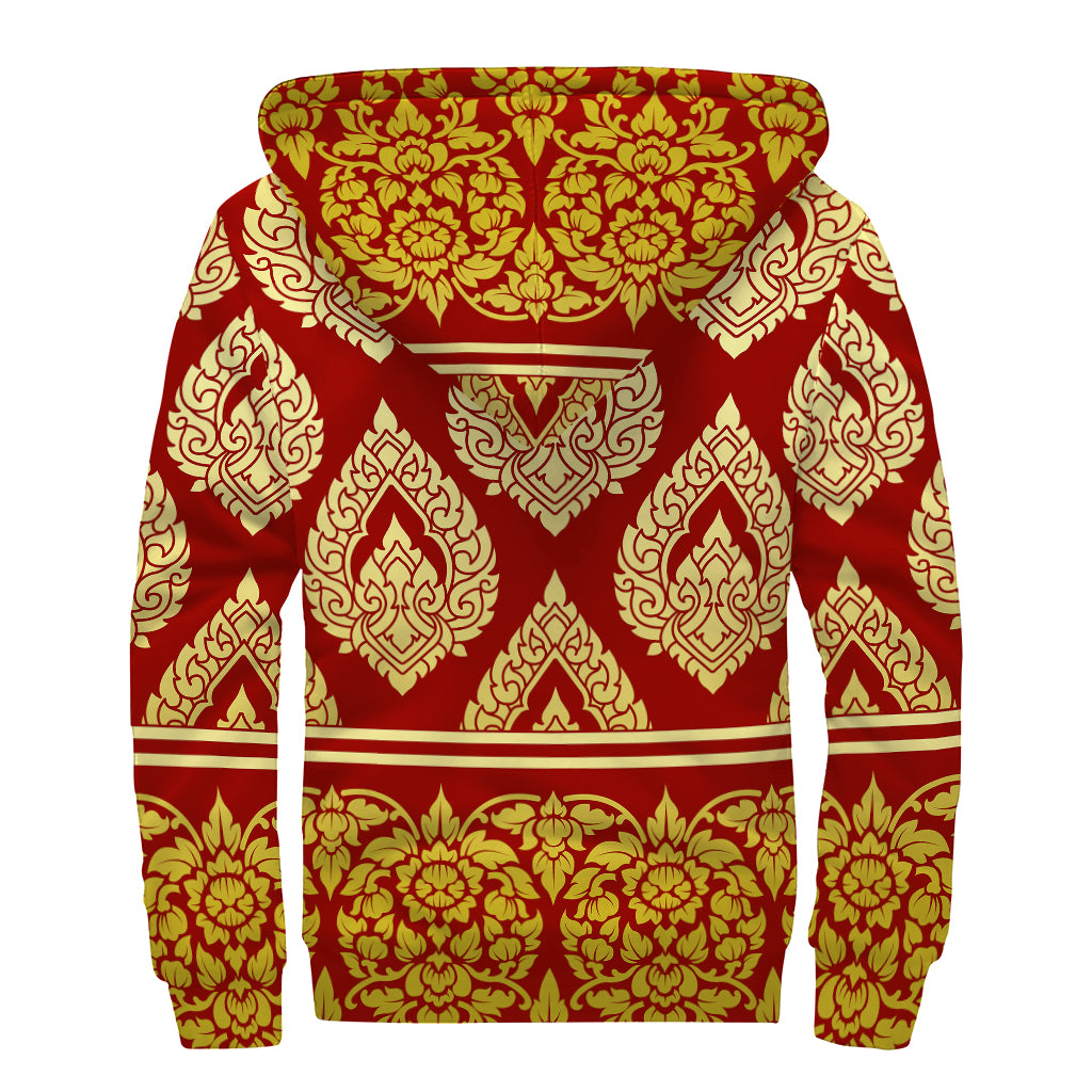 Traditional Thai Pattern Print Sherpa Lined Zip Up Hoodie