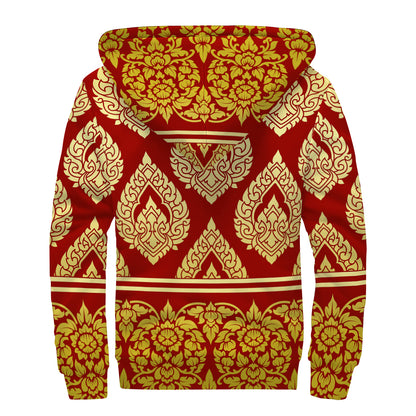 Traditional Thai Pattern Print Sherpa Lined Zip Up Hoodie