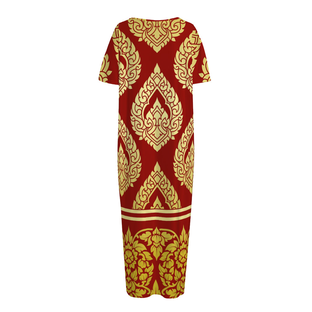 Traditional Thai Pattern Print Short Sleeve Long Nightdress