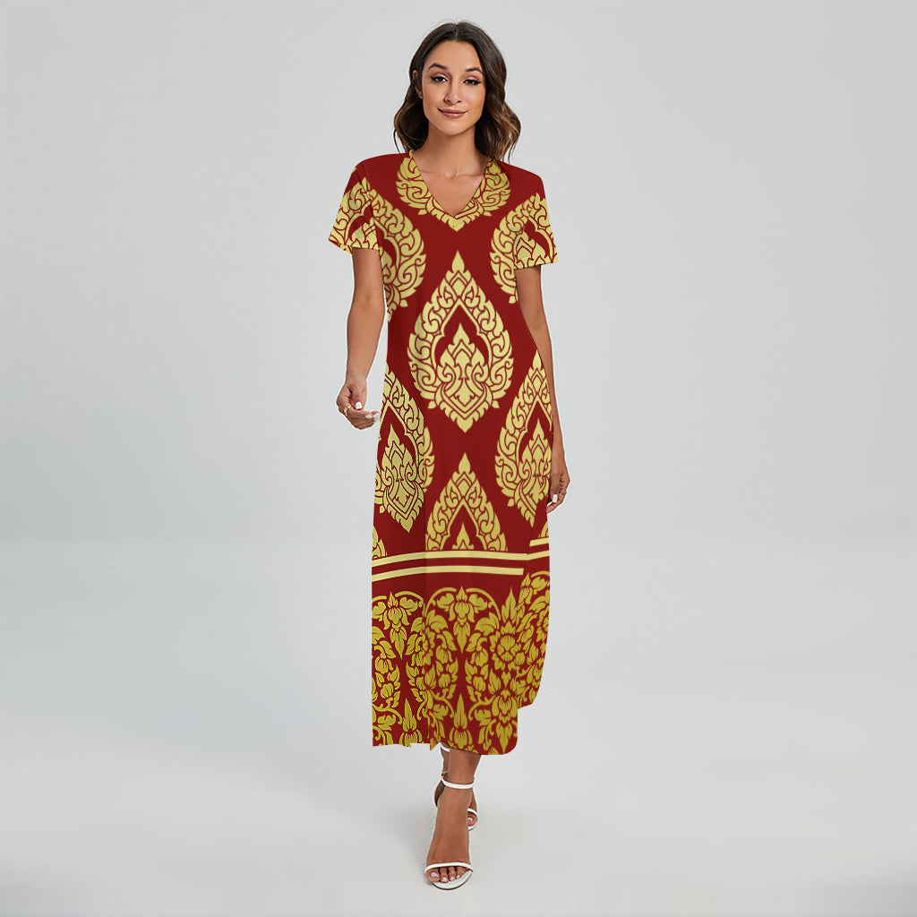 Traditional Thai Pattern Print Short Sleeve Maxi Dress