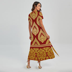 Traditional Thai Pattern Print Short Sleeve Maxi Dress