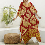 Traditional Thai Pattern Print Silk V-Neck Kaftan Dress