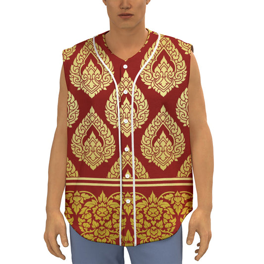 Traditional Thai Pattern Print Sleeveless Baseball Jersey