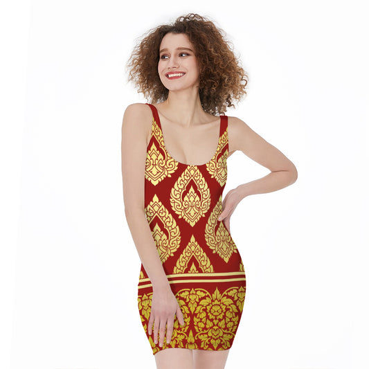 Traditional Thai Pattern Print Sleeveless Bodycon Dress