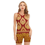 Traditional Thai Pattern Print Sleeveless One Piece Swimsuit