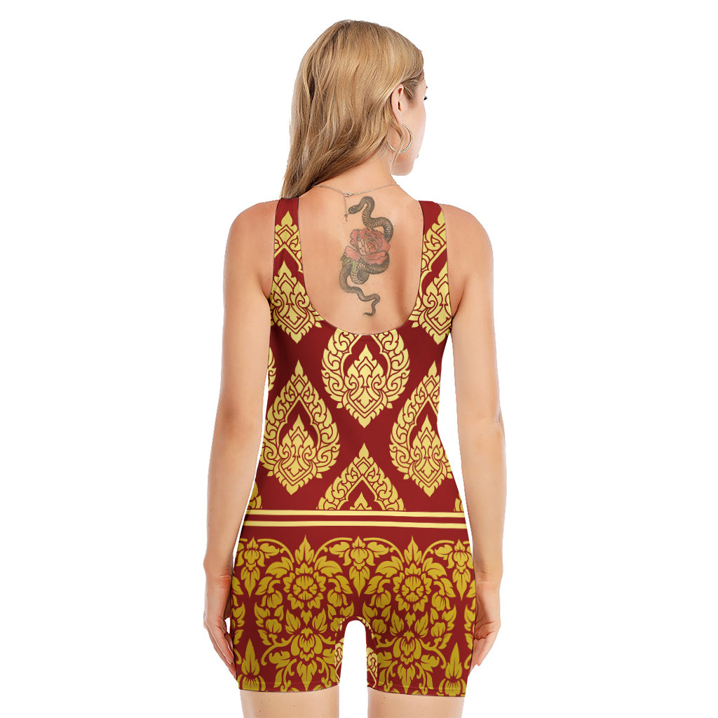 Traditional Thai Pattern Print Sleeveless One Piece Swimsuit