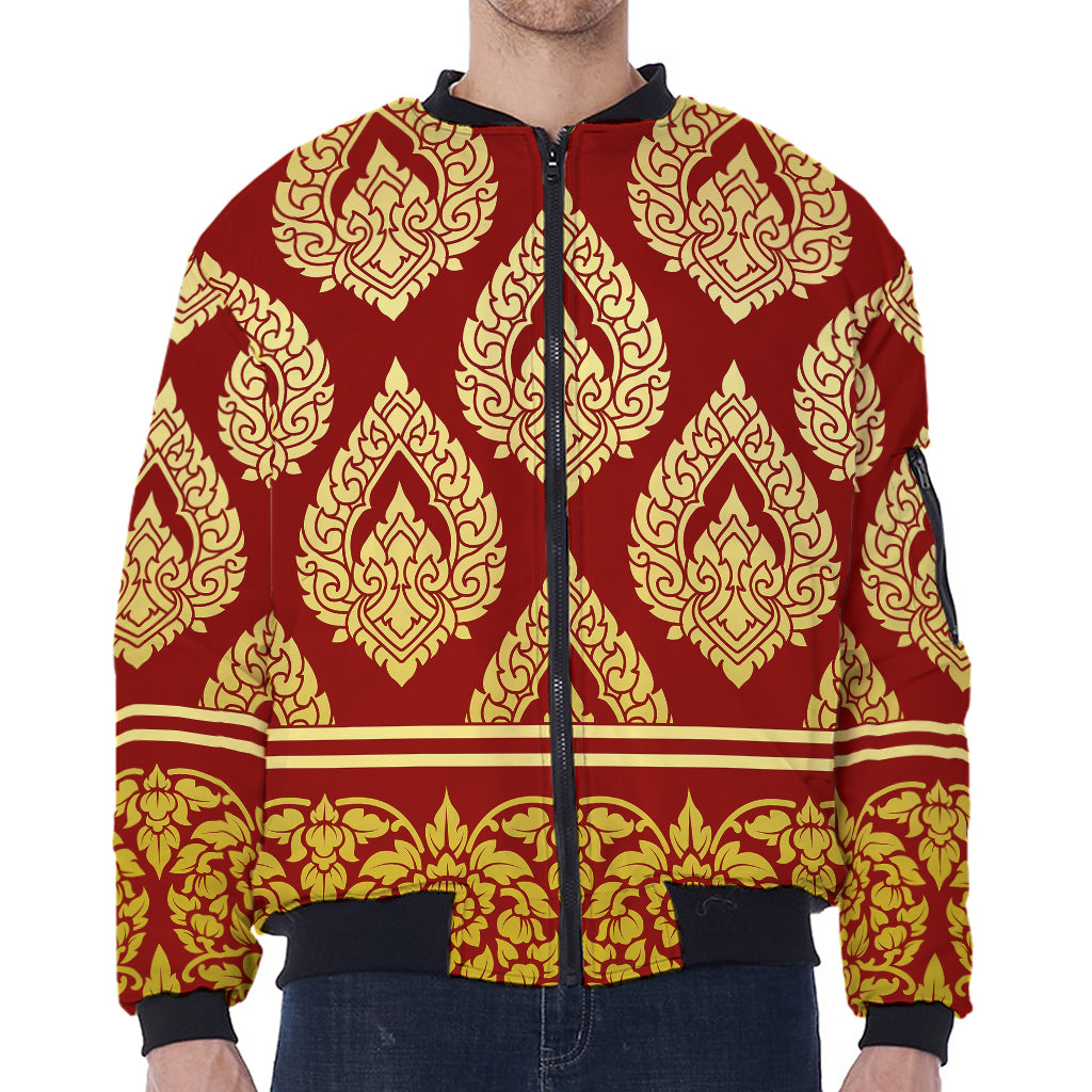 Traditional Thai Pattern Print Zip Sleeve Bomber Jacket