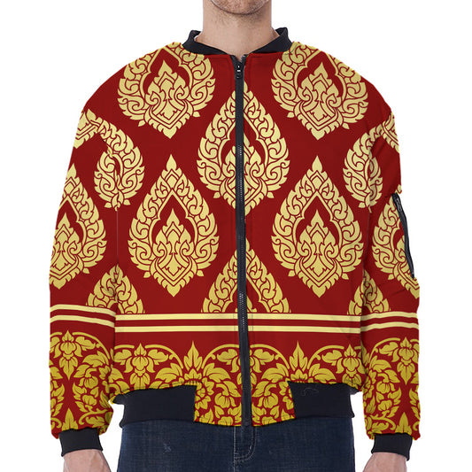 Traditional Thai Pattern Print Zip Sleeve Bomber Jacket