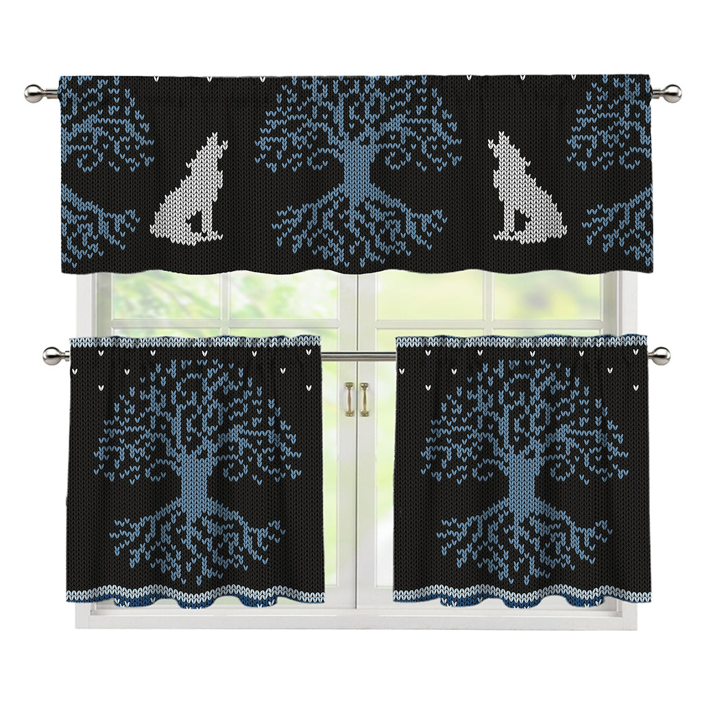 Tree Of Life And Howling Wolves Print 3 Piece Kitchen Curtains