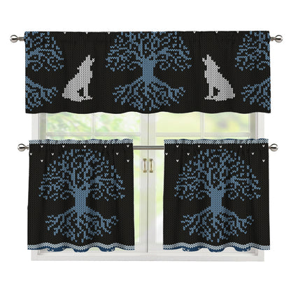 Tree Of Life And Howling Wolves Print 3 Piece Kitchen Curtains