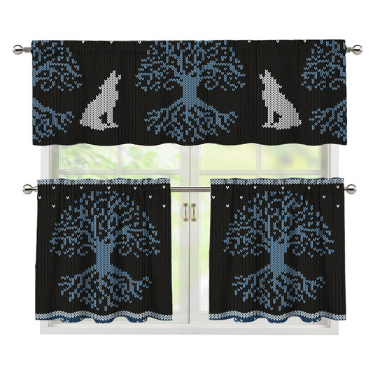 Tree Of Life And Howling Wolves Print 3 Piece Kitchen Curtains
