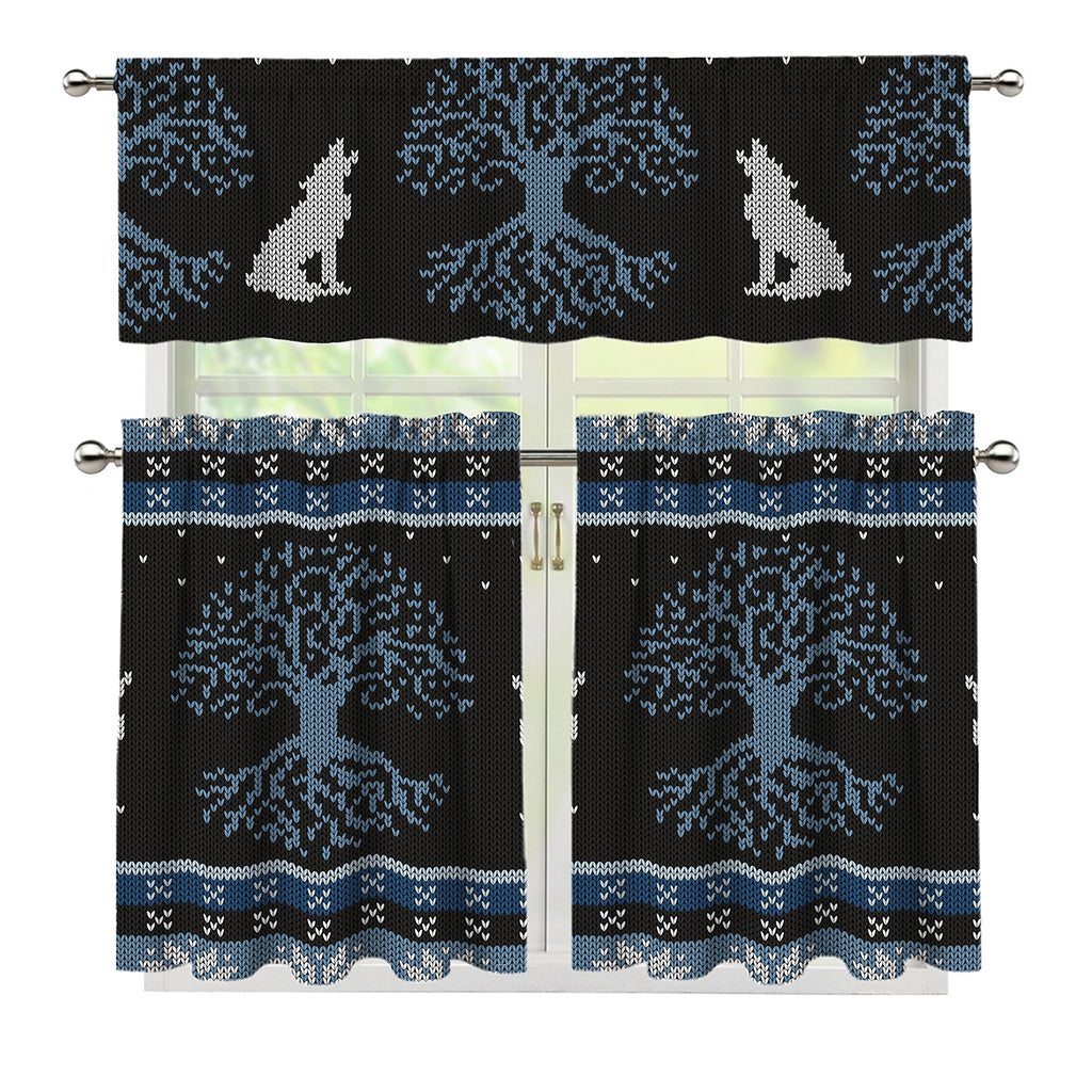 Tree Of Life And Howling Wolves Print 3 Piece Kitchen Curtains