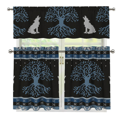 Tree Of Life And Howling Wolves Print 3 Piece Kitchen Curtains