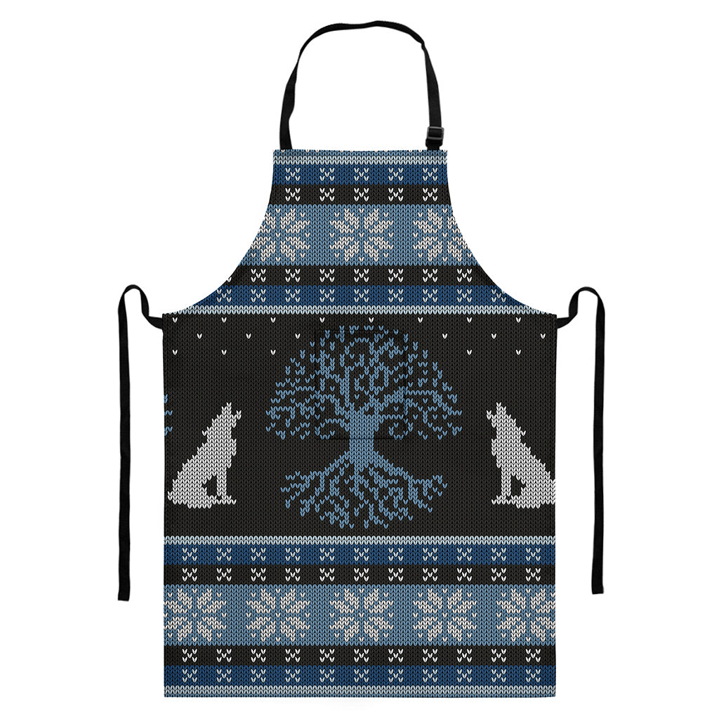 Tree Of Life And Howling Wolves Print Bib Apron With Pocket