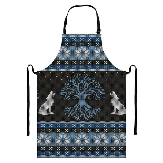 Tree Of Life And Howling Wolves Print Bib Apron With Pocket