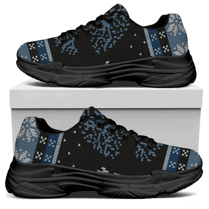 Tree Of Life And Howling Wolves Print Black Chunky Shoes