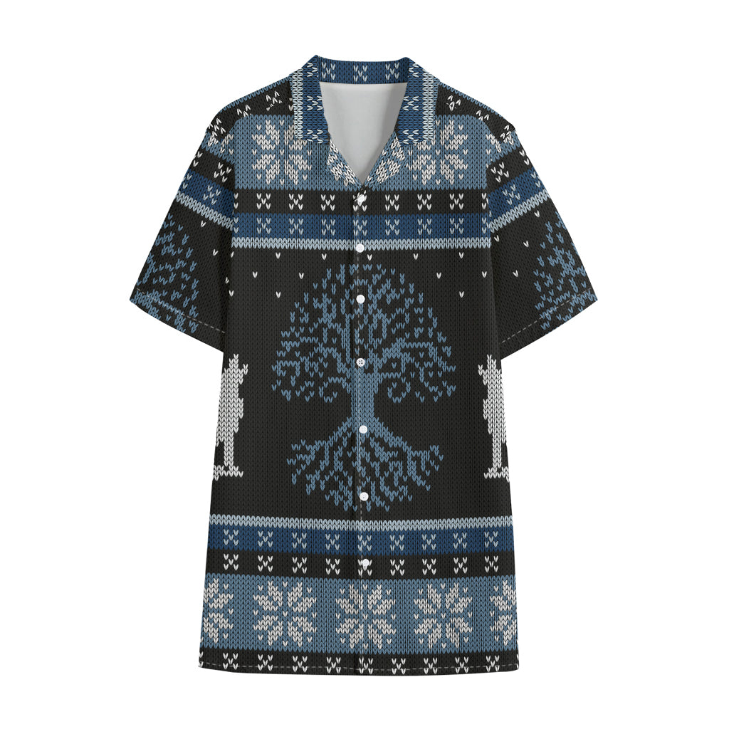 Tree Of Life And Howling Wolves Print Cotton Hawaiian Shirt