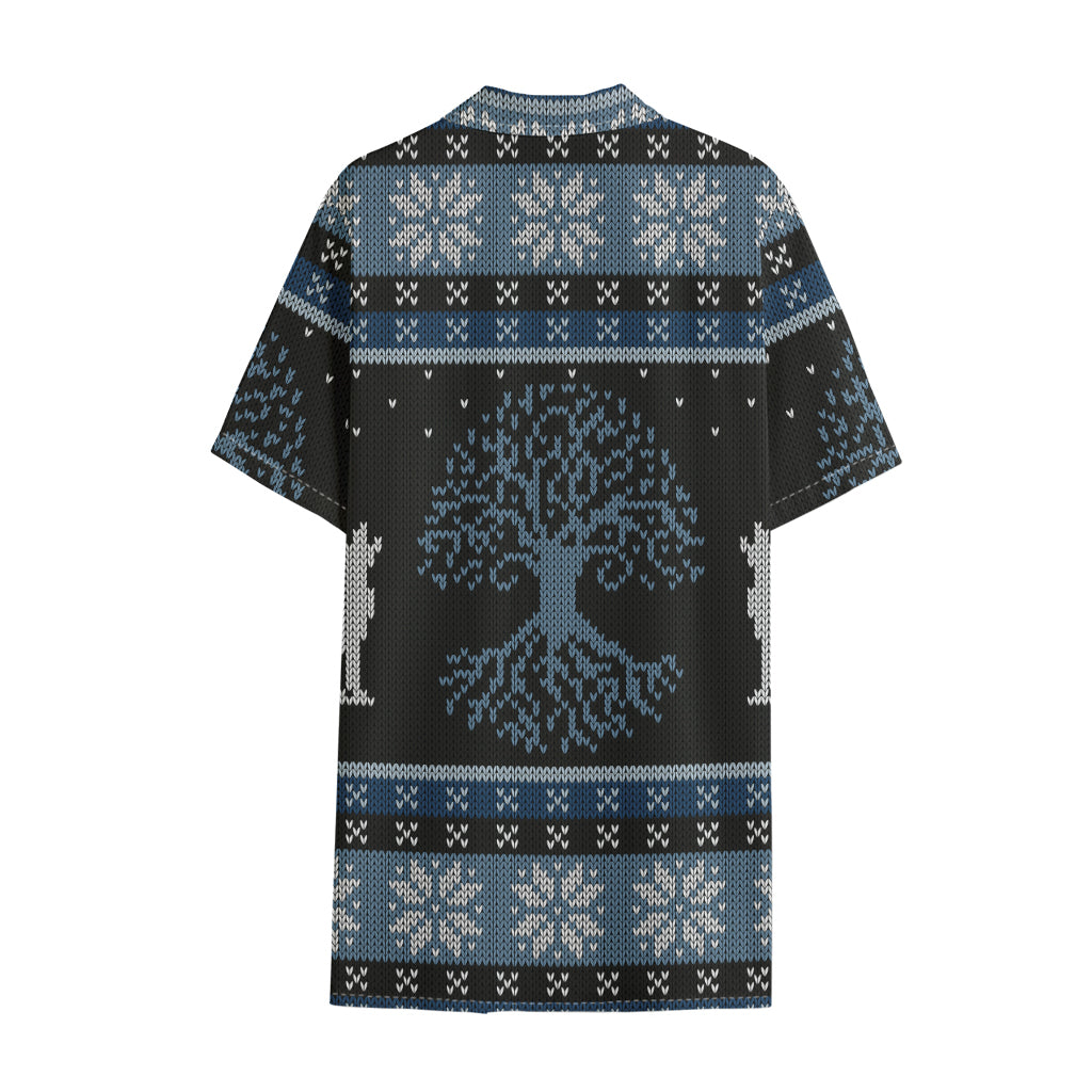 Tree Of Life And Howling Wolves Print Cotton Hawaiian Shirt