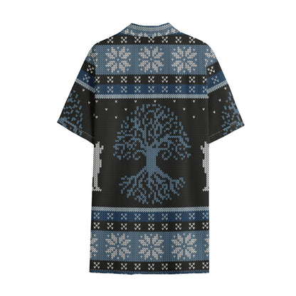 Tree Of Life And Howling Wolves Print Cotton Hawaiian Shirt