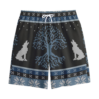 Tree Of Life And Howling Wolves Print Cotton Shorts